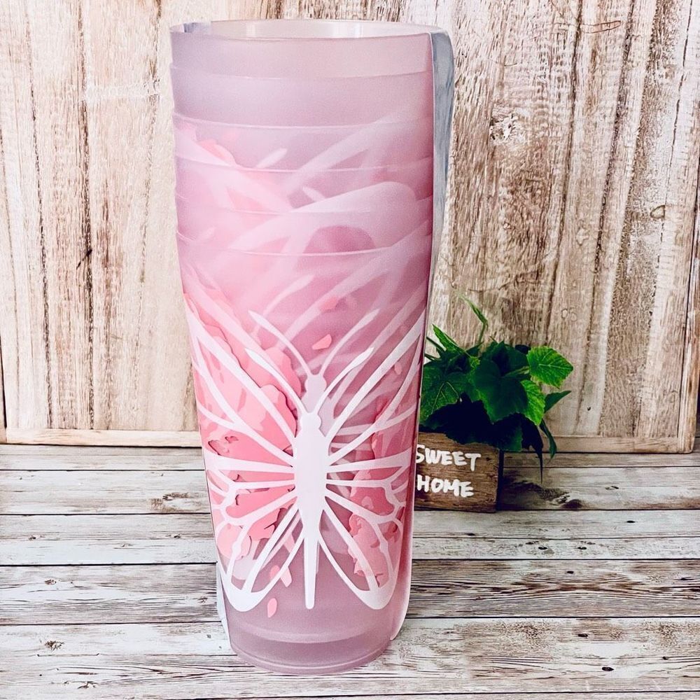 NWT Farmers Market Set of 6 32Oz Clear Frosted Plastic Light Pink Butterfly Cups